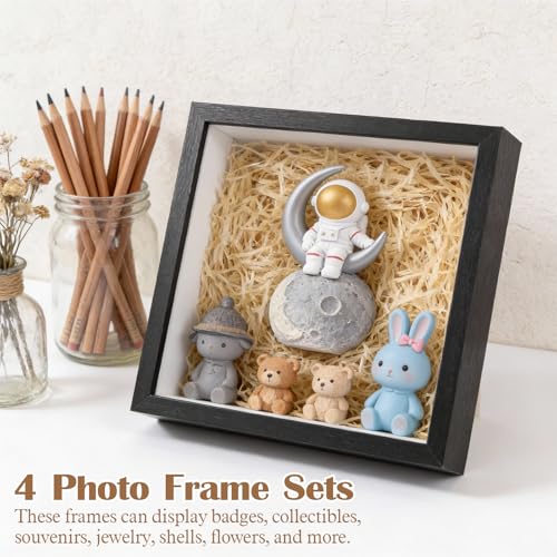 4 Pack Shadow Box Frames, 8 x 8 Inches Square Artificial Board Shadow Boxes Display Case, Black 3D Picture Frames for Photos, Dried Flowers, Wall Mounted Handicraft Photo Frame - color: Black, size: 8X8