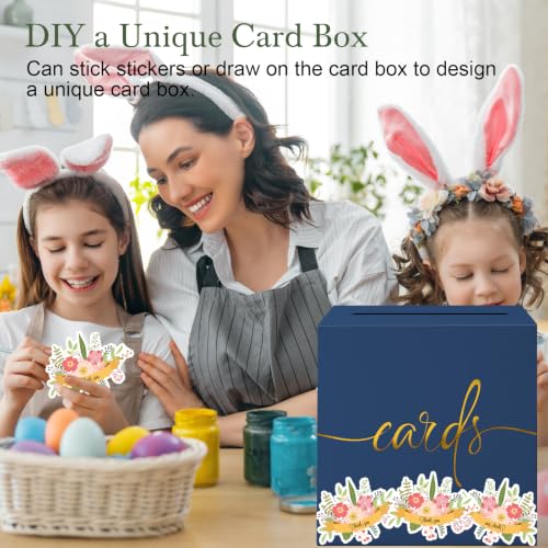Navy Blue Wedding Card Box with Gold Foil Design, Paperboard 8.7" Card Box for Graduation Birthday Party Reception Retirement Anniversary Bridal & Baby Shower - color: Navy Blue Card Box with Gold Foil, size: 8.7×8.7×8.7Inch(1 Pack)