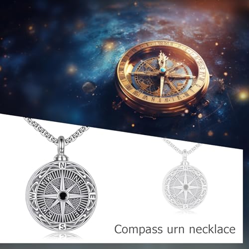Cremation Urn Necklace for Ashes 925 Sterling Silver Moon Phase/Tree of Life/Hummingbird/Moss Agate/Opal/Compass/Mountain/Butterfly/Turquoise/Sunflower/Dragonfly/Cross Pendant Necklace Cremation Memorial Keepsake Urn Jewelry for Women Men - style: Compass