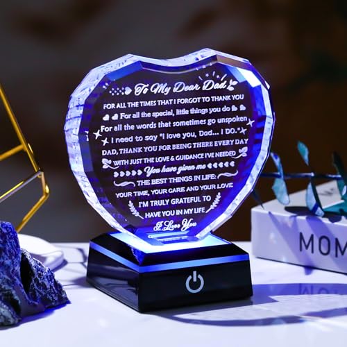 YWHL Gifts for Dad from Daughter Son with Colorful Light Base Birthday Gifts for Dad Crystal Heart Keepsake Thank You Gift Idea To My Father Present on Fathers Day Christmas Thanksgiving - color: Dad Gifts