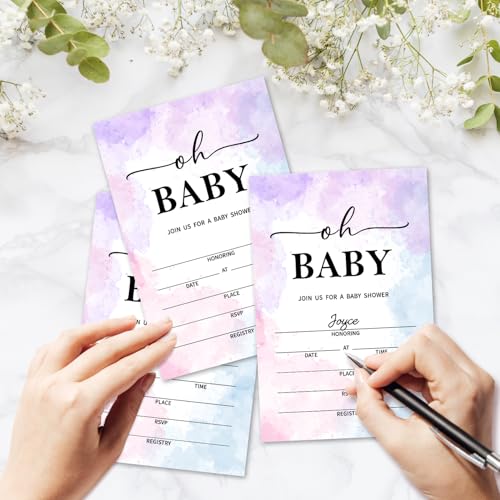 Oh Baby! Baby Shower Invitations for Boys Girls, Tie-Dye Baby Announcement Invite Cards, 25 Set of Fill-in Invites with Envelopes, Gender Reveal Party Supplies -B10 - color: Tie-Dye-Oh Baby