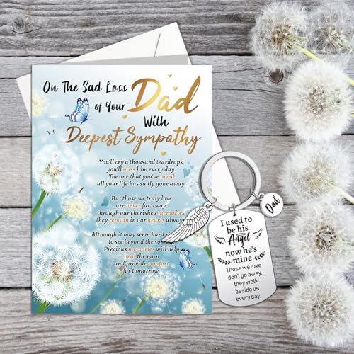 HOWAF Sympathy Card & Memorial Keyring for Loss of Dad, Deepest Sympathy Cards, Thinking of You, Unisex Adult, White and Blue, Floral