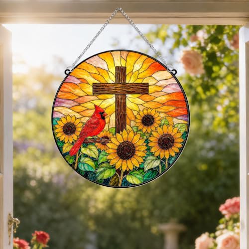 Cardinal with Jesus Cross & Sunflower Memorial Suncatcher, 8" Christian Stained Glass Wavy Acrylic, Sympathy Gift for Loss of Loved One, Mom, Dad, Grandma, Family Member, Religious Gifts for Women - color: Cardinal - Sunflower