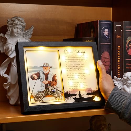 WOODEXPE Sympathy Gift LED Memorial Shadow Box 10"x8" Gone Fishing Memorial Picture Frame Plaque, Remembrance Funeral Condolences Bereavement Grief Gifts for Loss of Loved One