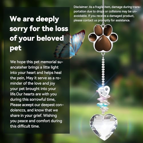 Dog Memorial Gifts, Pet Memorial Suncatcher, Loss of Dog Sympathy Gift | Thoughtful Dogs and Cats Bereavement Remembrance Gifts, Natural Cat's Eye Stone Paw Crystal Suncatcher - color: Coffee