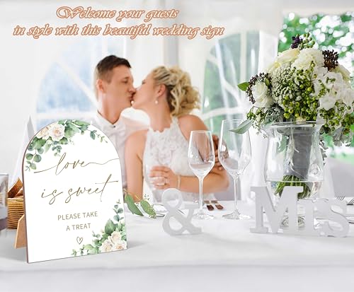 White Rose Love is Sweet Sign, Wedding Ceremony Signs, 6 x 8 Inch Arch Wooden Tabletop Sign with Stand, Wedding Reception Decoration Supplies (BJ05) - color: Love is Sweet