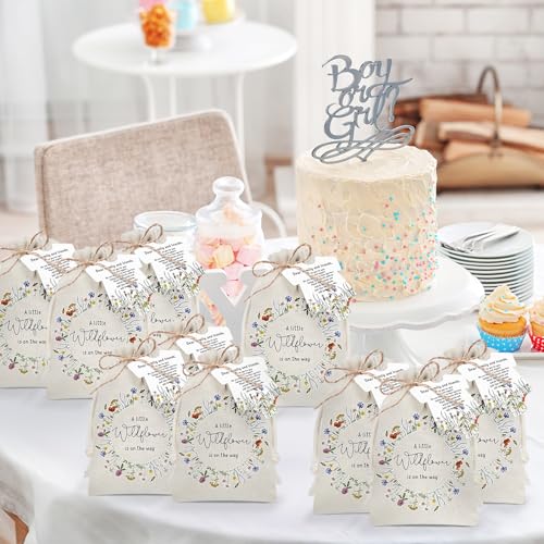 Fumete 25 Sets Wildflower Baby Shower Seed Packets Party Favors for Guests Baby in Bloom Favors Decorations Burlap Bags with Drawstring Thank You Cards and Twine, No Seeds (Wildflower) - style: Wildflower