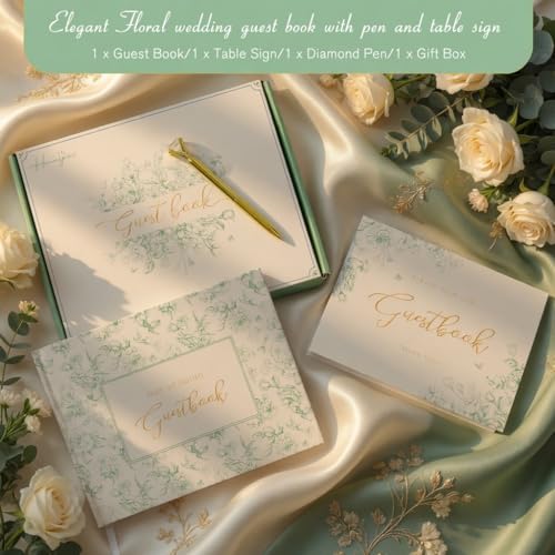 Green Floral Wedding Guest Book with Pen, Hardcover, 144 Pages, 9x7 inches | Gold Foil Title, Space for Polaroid Photos Messages, Sign In Book for Reception, Bridal Shower Guest Book, Engagement Party - color: Green