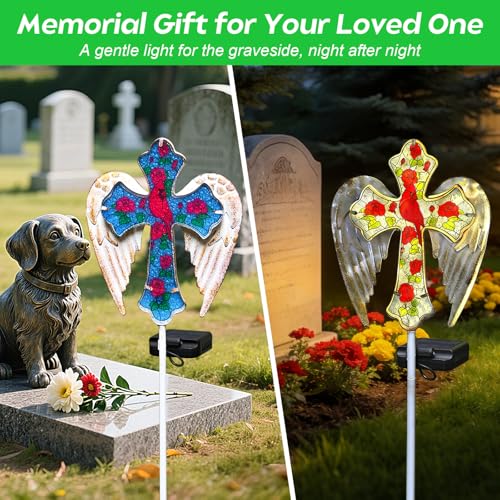 Solar Cross Lights Outdoor, Solar Cardinal Stake Lights Cemetery Decorations for Grave, Jesus Cross Sympathy Memorial Gifts for Women Mom Christmas, Glass Garden Art for Cemetery Yard Patio - style: 1 Pack Cardinal Cross