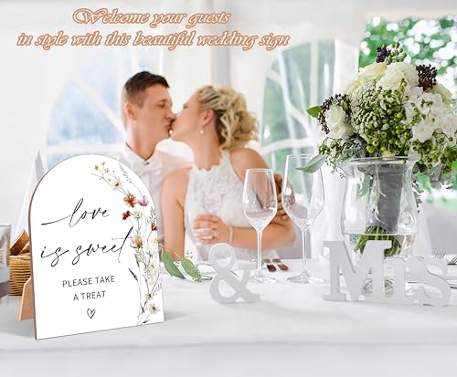 Wildflower Love is Sweet Sign, Wedding Ceremony Signs, 6 x 8 Inch Arch Wooden Tabletop Sign with Stand, Wedding Reception Decoration Supplies (AG05) - color: Love is Sweet