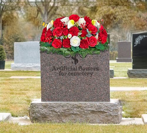 Artificial Cemetery Flowers - Headstone Flower Saddle - Outdoor Grave Decorations - Realistic Red Rose Carnation Mix Bouqet with 2 Lovely Butterflies