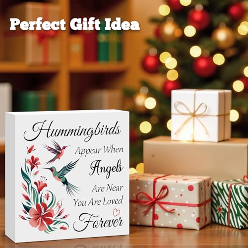 Memorial Gift Hummingbird Decorative Sign Gift Hummingbirds Appear When Angels Are Near Wooden Box Sign Sympathy Gift for Loss Of Loved Memorial Decor Home Desk Shelf Table Decor