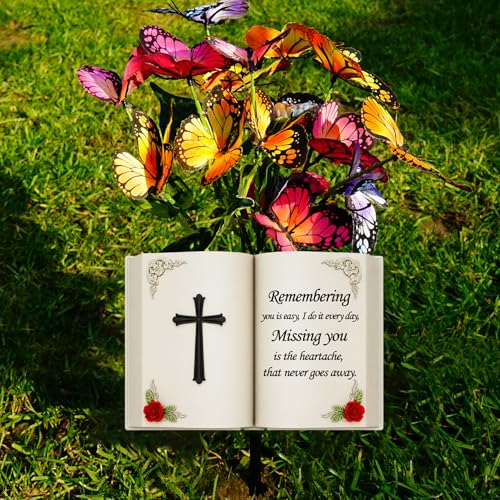 Solar Bible Cross Memorial Stake - Metal Silhouette Religious Grave Decoration for Cemetery - Flat Christian Cross Stake with Butterfly Lights - Cemetery Flower Decor for Grave, Sympathy Gift - style: Bible Cross with Flowers