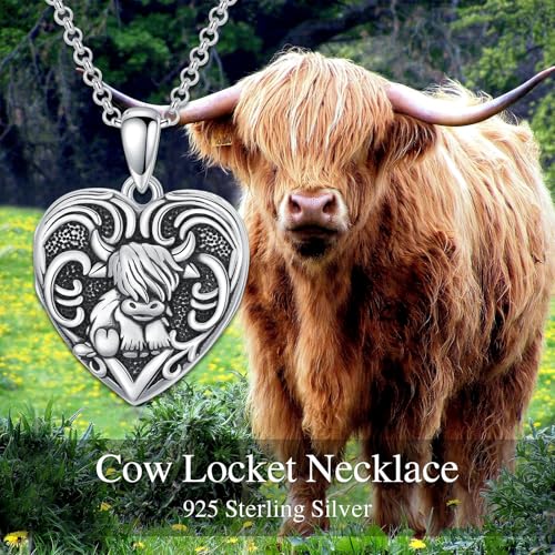 Heart Locket Necklace 925 Sterling Silver Custom Photo Pendant That Holds Pictures Memorial Jewelry Gifts for Women Mom Daughter - color: Highland Cow, style: 1-no custom