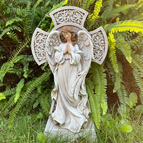 Memorial Angel Statue with Cross, 12 Inch Remembrance Angel for Loved One, Graveside or Home Sympathy Decor, Handwriting-Friendly Base