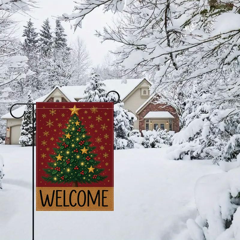 Merry Christmas Garden Flag 12x18 inches Welcome Sign Red, green, and gold Christmas tree with stars, holly berries, and snowflakes, designed for indoor and outdoor weather resistance, suitable for terraces, courtyards, decks, and holiday decorations.outd
