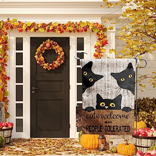 Black Cat Garden Flag Cats Welcome People Tolerated Sign Flag Halloween Banners for Outside 12 X 18 Double Sided Cat Lovers Gifts for Women - color: catscome