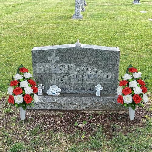 XONOR Artificial Cemetery Flowers, Memorial Rose Flowers Grave Decoration Flower Bouquets with Vase for Cemetery Graveyard Headstones Decor, Set of 2 (Red&White)