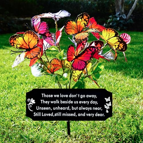 Solar Butterfly Memorial Stake for Graves - Metal Cemetery Garden Decor with LED Lights - Sympathy Remembrance Plaque to Honor Mother Father - Weatherproof Outdoor Bereavement Tribute(with Flowers) - style: Dear with Flowers