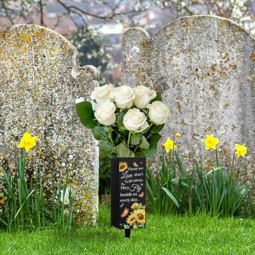 WEBEEDY Sunflower Butterfly Cemetery Vase Metal Grave Vases with Spike, Memorial Vase Grave Ornaments Condolences Sympathy Gifts for Loss of Loved One Memorial Day, 1pc, 3.1x7.9 Inch