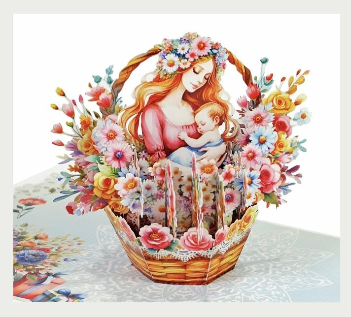 iGifts And Cards Mother & Baby Floral Basket 3D Pop-Up Card 6" x 6" | Eternal Nurture, Watercolor Art, First Mother's Day, Baby Shower, Congratulations, Grandmother, New Parent, Keepsake Memento - color: Mother and Baby