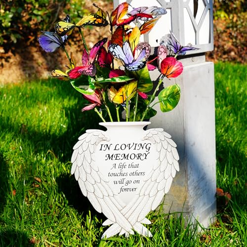 Solar Angel Wing Memorial Stake - Metal Silhouette Grave Decorations for Cemetery - Flat Outdoor Sympathy Gift with Butterfly Lights & Flowers - Bereavement Decor for Loss of Mom Dad(with Flowers)) - style: Angel Wings with Flowers