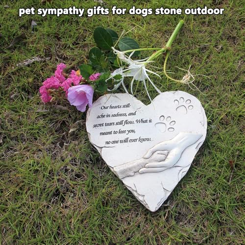 jinhuoba Dog Pet Memorial Stones, Heart-Shaped Loss of Pet Dog Grave Stone Headstones Memorial Gifts Remembrance Gifts with Sympathy Poem and Paw in Hand Design, Resin, White, 9.7" X 9.3"