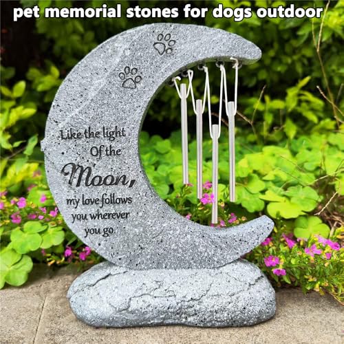 Pet Dog Memorial Stone Headstone Grave Marker with Windchimes | Pet Gravestone for Dog Lost, Moon Shape, Weatherproof, Handmade of Resin, Sympathy Pet Dog Cat Memorial Gifts Outdoor
