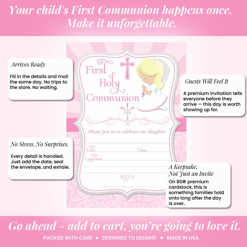First Holy Communion Religious Party Invitations for Girls (Light Skin, Blond Hair), 20 5x7 Fill In Cards with Twenty White Envelopes by AmandaCreation - style: Light Skin, Blond Hair Girl