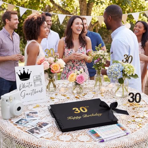 AmazingSpark Birthday Guest Book Set Memory Photo Guest Book Black Gold Decoration Birthday Gift for Men Women Wood Signature Photoprop Party Supply Sign Picture Album for Party Event(30th) - size: 30th