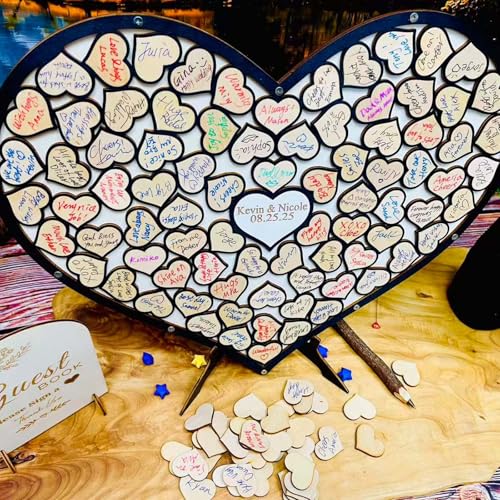 Wedding Guest Book Unique Wooden Heart Alternative GuestBook Bridal Shower Wedding Decoration with 83 Wooden Hearts 1 Sign Pen Set (Black) - color: Black