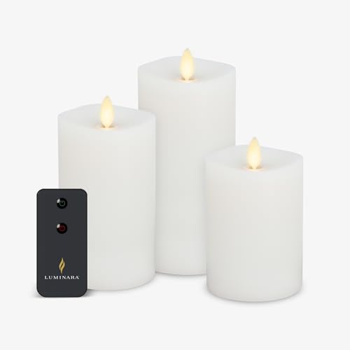 Luminara Realistic Flameless LED Candle White Set of 3, Battery Operated with Remote Control, Moving Flame Pillar Timer Funtion Melted Top Safe - color: White