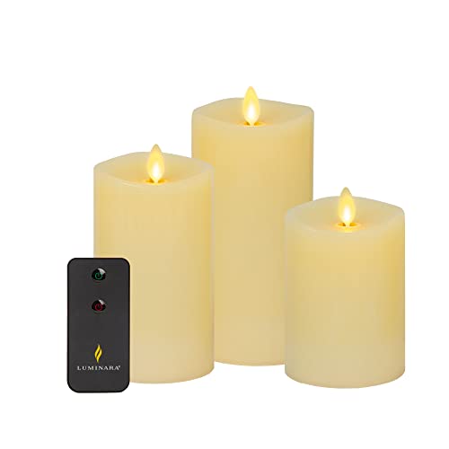 Luminara Realistic Flameless LED Set of 3 Ivory Pillar Candles, Home Safe Moving Flame Melted Top Illumination, Battery Operated Remote Control w/Timer - color: Ivory