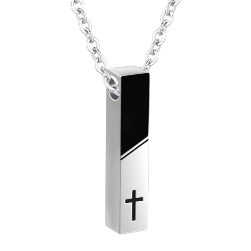Cremation Jewelry Bar Urn Necklace for Ashes Cross Pattern Cube Ash Pendant with Mini Keepsake Urn Memorial Ashes Jewelry for Women Men - With Me Always - color: Silver