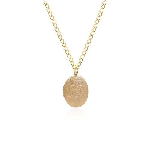 Vintage Engraved Flower Empaistic Photo Locket Hold Picture Oval Round Pendant Necklace Antique Carved Pattern Souvenir Memorial Clavicle Jewelry for Women