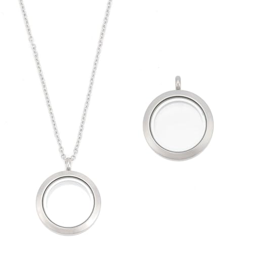 Round Photo Charms Necklace Stainless Steel Locket Pendants Crystal Double-Sided Frame Memory Locket Round Charm with 17.7inch Chain for Wedding Jewellery Making Photo - color: Silver