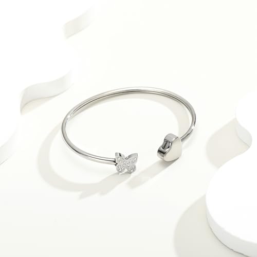 Urn Bracelet for Ashes Butterfly Heart Cremation Ash Bracelet for Women Men Openable Cuff Bangle Memorial Ashes Bracelets Always in My Heart - color: Silver