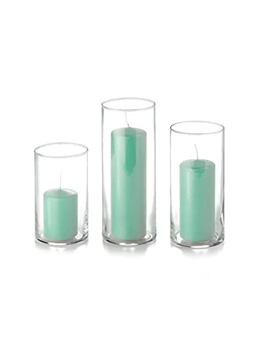 Yummi Set of 36 Slim Pillar Candles and Cylinder Vases - Blue Jade - color: Blue Jade