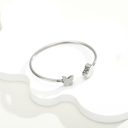 Urn Bracelet for Ashes Butterfly Heart Cremation Ash Bracelet for Women Men Openable Cuff Bangle Memorial Ashes Bracelets Always in My Heart - color: Silver