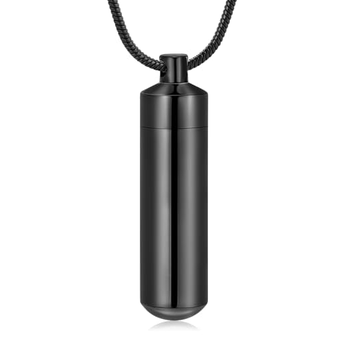 Cylinder Urn Necklace for Ashes with Glass Vials Cremation Jewelry Stainless Steel Ash Holder Keepsake Memorial Jewelry with Fill Tool - color: Black-A
