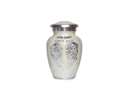 White Angel Wings Funeral Cremation Keepsake Urn with Velvet Bag (Pearl White, Small Personalized) - color: Pearl White, size: Small