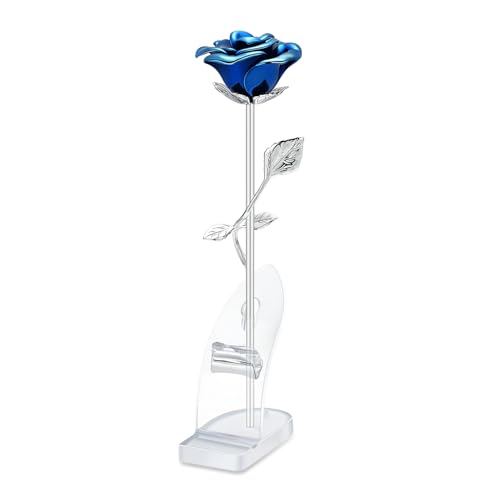 Rose Flower Cremation Urn for Ashes Human Adult Female Male Stainless Steel Mini Decorative Urns for Human Ash Keepsake Memorial for Women Men,Silver-Blue