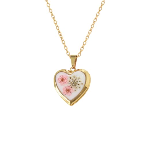 Heart Locket Dried Flower Pendant Necklace Stainless Steel Gold Plated Cute Light Pink Pressed Wildflower Charm Holds Pictures Choker Necklaces Fashion Trendy Jewelry for Her Bff 17.5"