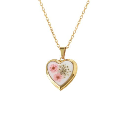 Heart Locket Dried Flower Pendant Necklace Stainless Steel Gold Plated Cute Light Pink Pressed Wildflower Charm Holds Pictures Choker Necklaces Fashion Trendy Jewelry for Her Bff 17.5"