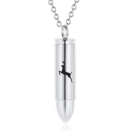 SIYUU Bullet Cremation Jewelry for Ashes Vial Deer Engraved Urn Necklace Stainless Steel Ash Container Keepsake Pendant Memorial Jewelry for Men Women - color: Silver
