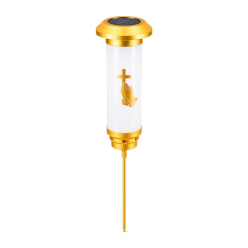 Praying Hands Solar Cross for Cemetery Grave, White & Gold Anodized Aluminum IP65 Waterproof Memorial Light with Ground Stake, Christian Cemetery Decor for Headstone