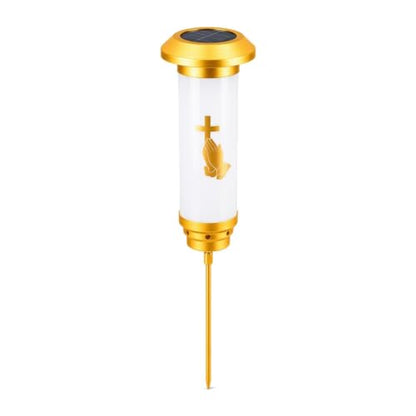 Praying Hands Solar Cross for Cemetery Grave, White & Gold Anodized Aluminum IP65 Waterproof Memorial Light with Ground Stake, Christian Cemetery Decor for Headstone