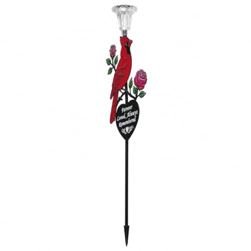 Solar Cardinal Memorial Garden Stake with 'Always Loved, Never Forgotten' Sentiment, Red Bird and Rose Design (Heart Shaped)