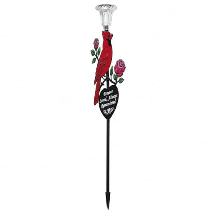 Solar Cardinal Memorial Garden Stake with 'Always Loved, Never Forgotten' Sentiment, Red Bird and Rose Design (Heart Shaped)
