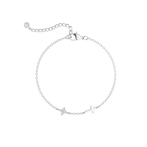 Moodear Cross Bracelet for Women, Dainty Sterling Silver/Gold Plated Gift | Christian Religious Gifts for Teen, Stocking Stuffers, Adjustable Link Bracelets, Sparkling CZ Cross, Non Tarnish Jewelry - color: Silver CZ Flower Cross Bracelet